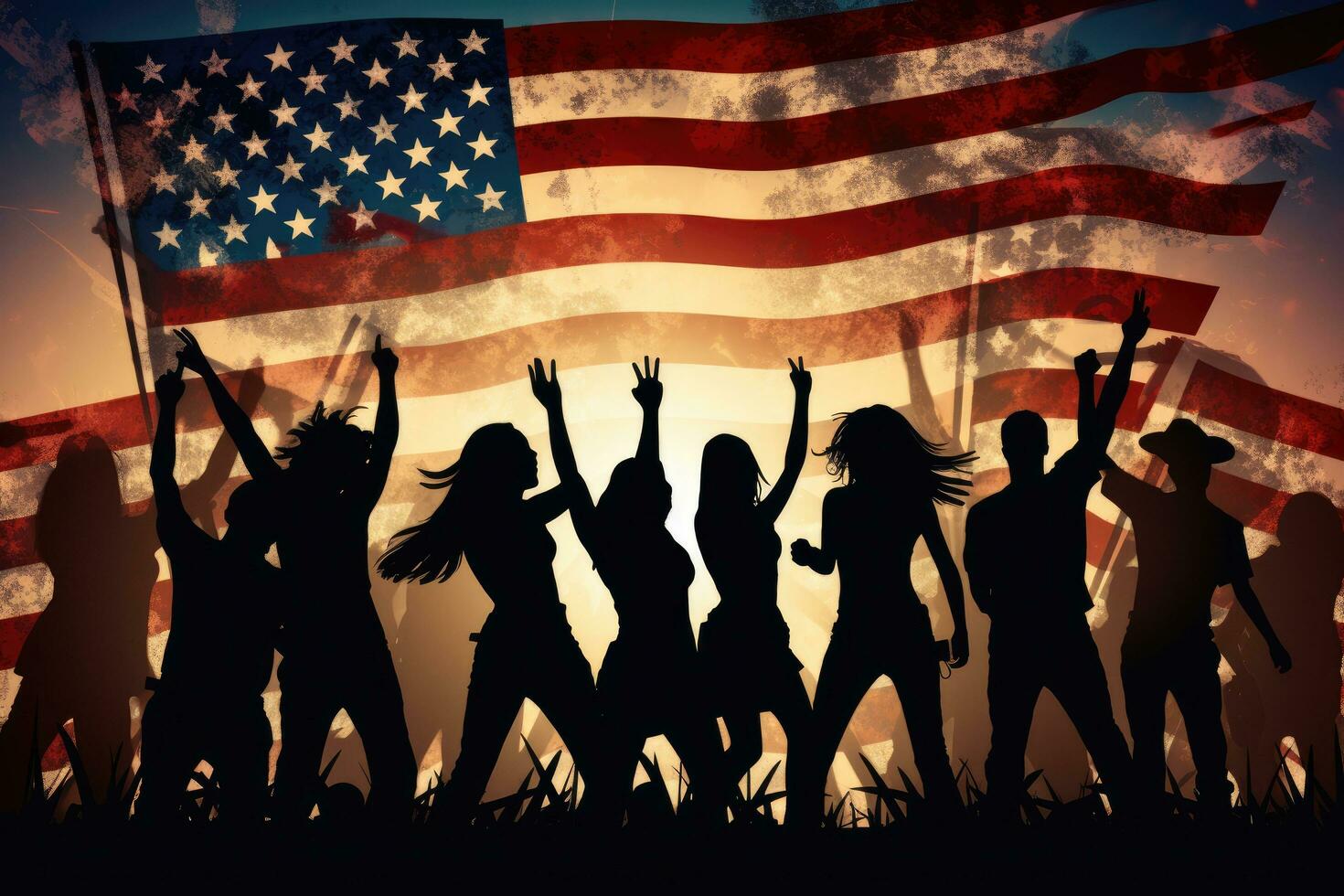 silhouetten van mensen dansen Aan de achtergrond van de Amerikaans vlag, silhouet van jongens en meisjes golvend Amerikaans vlaggen, ai gegenereerd foto