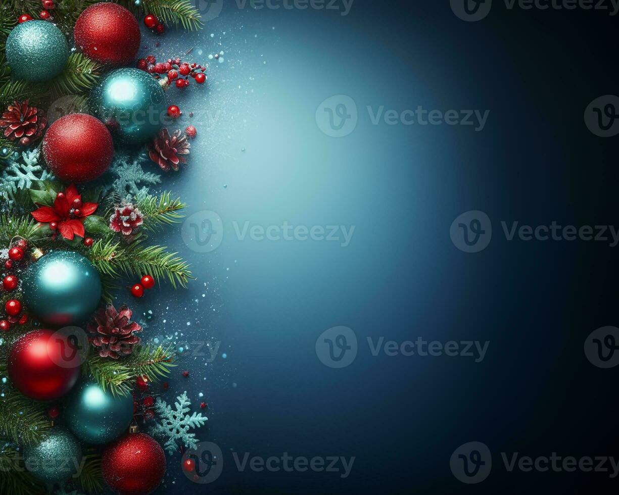 blauw Kerstmis achtergrond met ballen en Spar tak, decoraties en sneeuwvlokken, Kerstmis groeten model. ai generatief foto