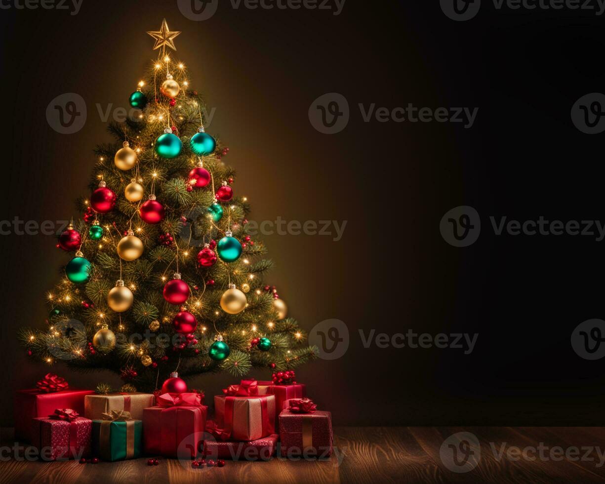 Kerstmis boom met presenteert en lichten Aan donker achtergrond, Kerstmis groeten model. ai generatief foto