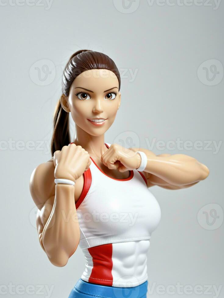 een 3d speelgoed- sportief vrouw buigen arm spieren Aan een wit achtergrond. ai gegenereerd foto