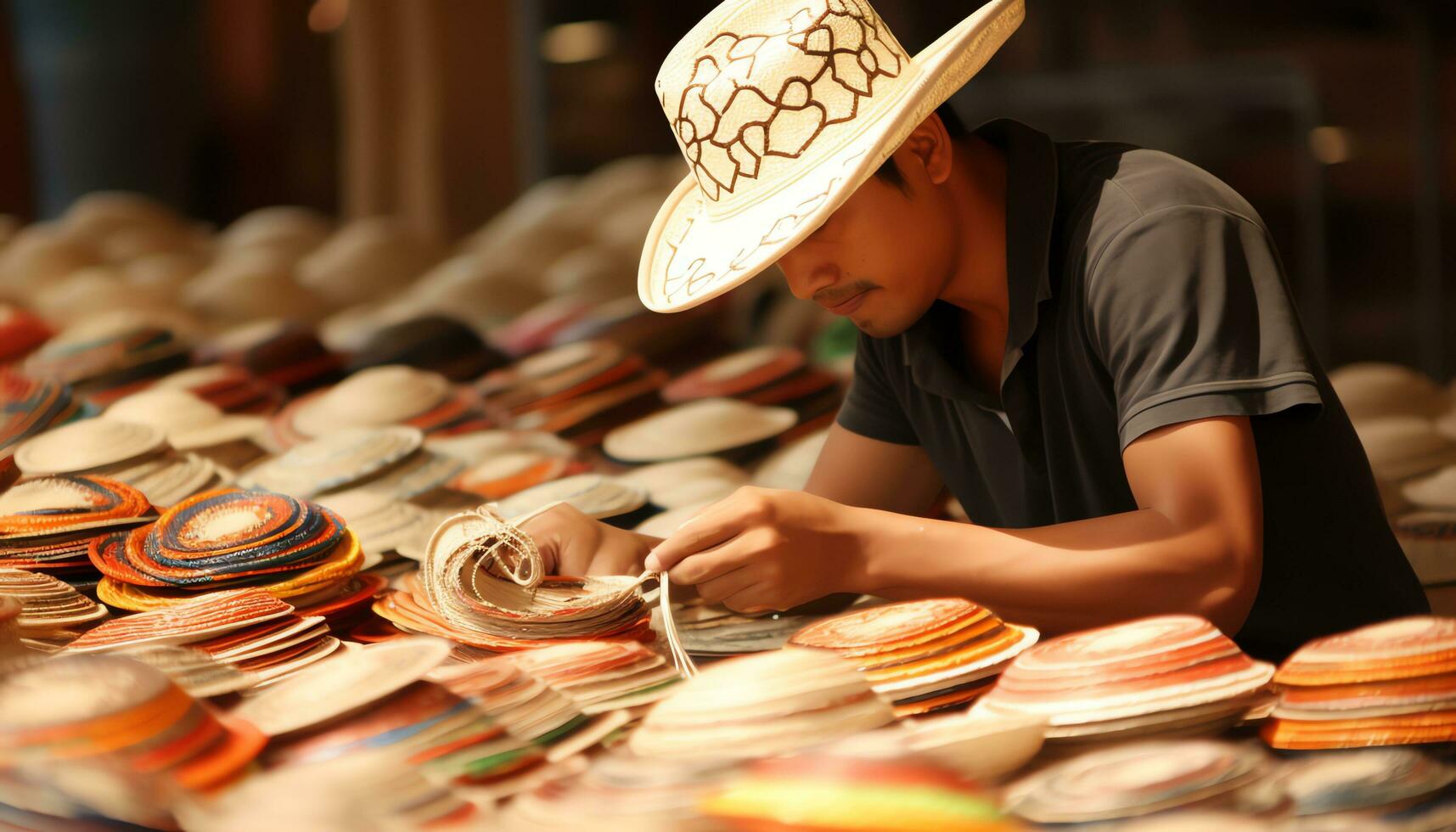 een Mens in een kleurrijk hoed is werken Aan een hoed ai gegenereerd foto