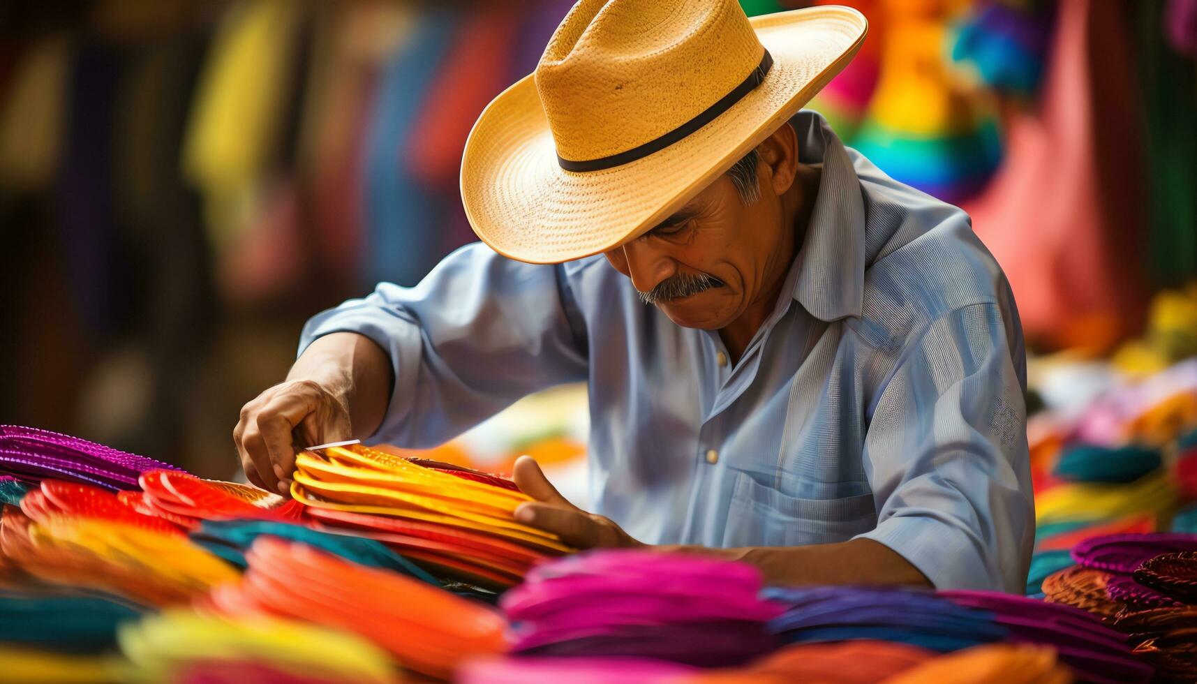 een Mens in een kleurrijk hoed is werken Aan een hoed ai gegenereerd foto