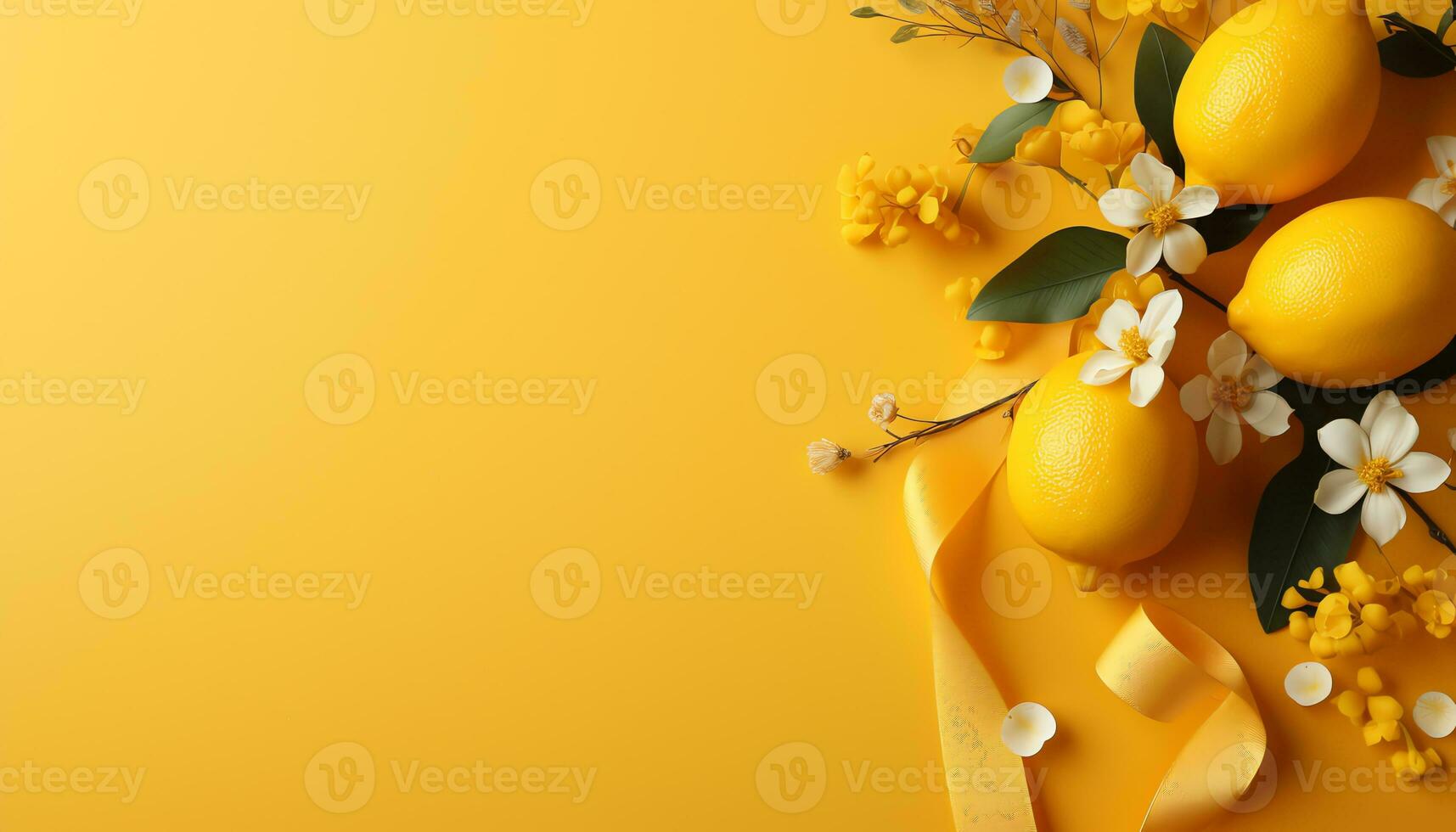 citroen en bloemen Aan geel achtergrond ai gegenereerd foto
