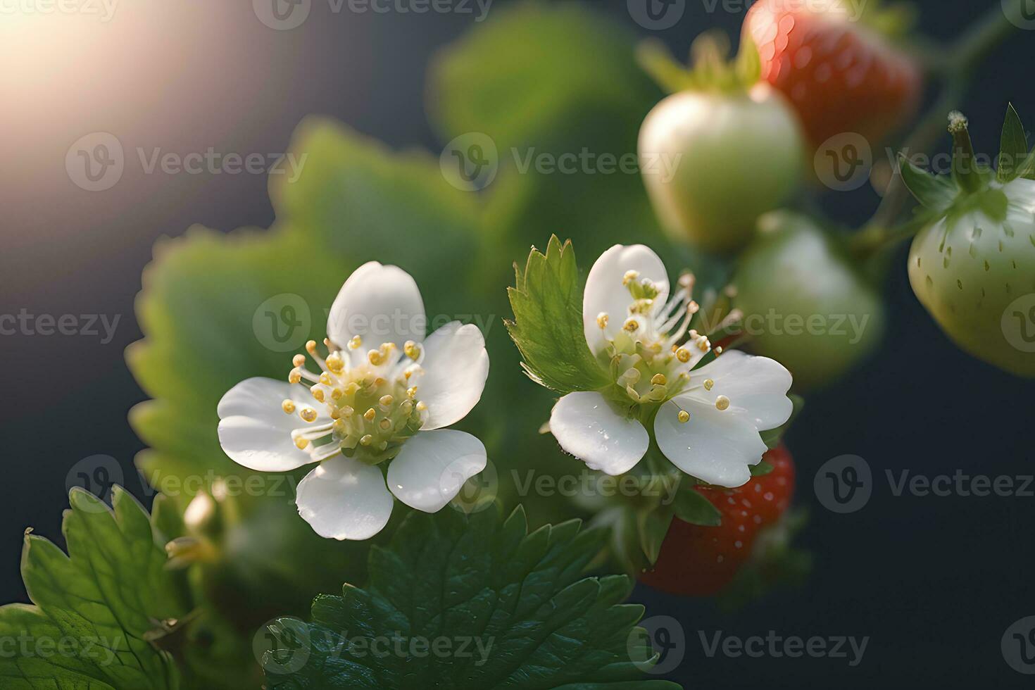 dichtbij omhoog van een aardbei bloesem en fruit door ai generatief foto