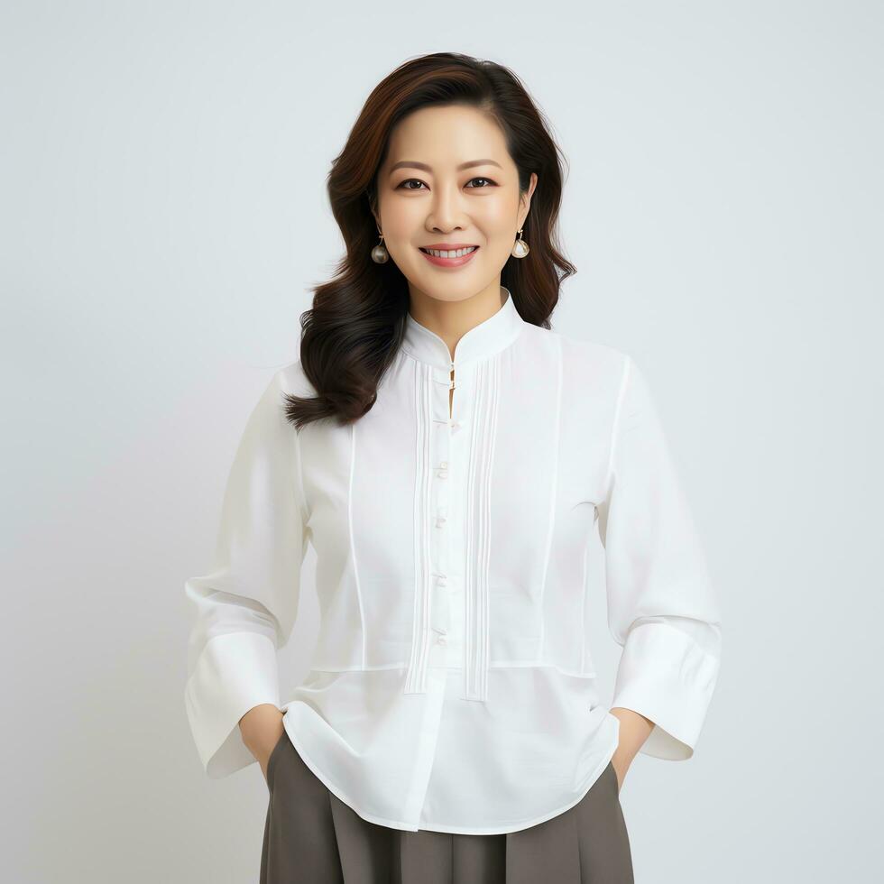 mooi Aziatisch vrouw in wit pak zittend Aan stoel ai gegenereerd foto