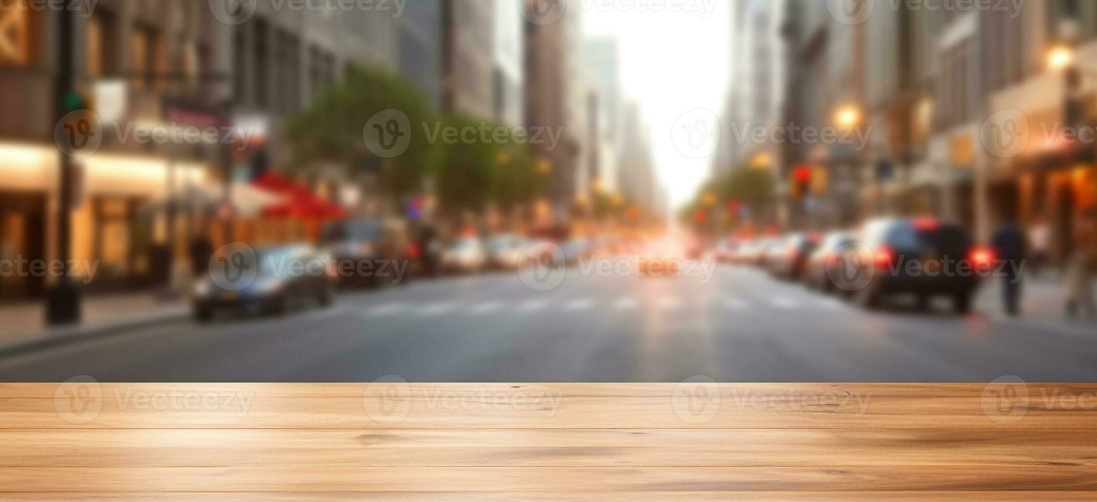 generatief ai, leeg houten tafel top met vervagen achtergrond van een bezig straat, groot stad foto