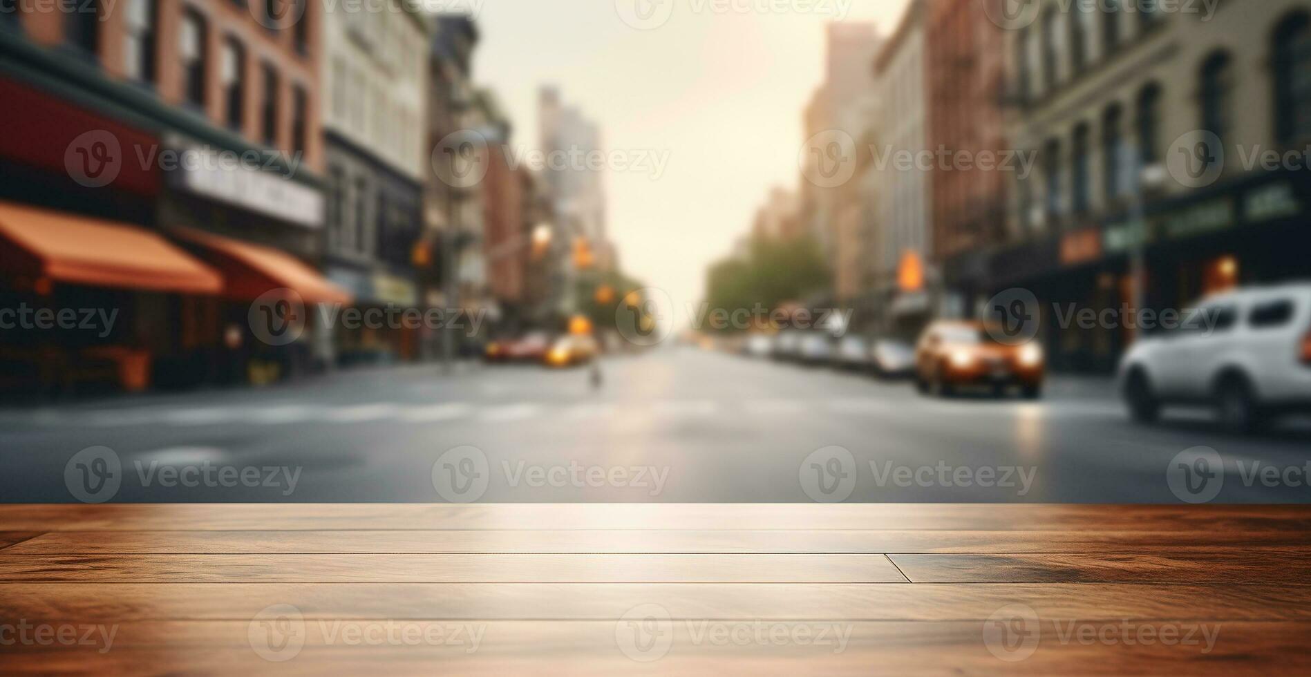generatief ai, leeg houten tafel top met vervagen achtergrond van een bezig straat, groot stad foto