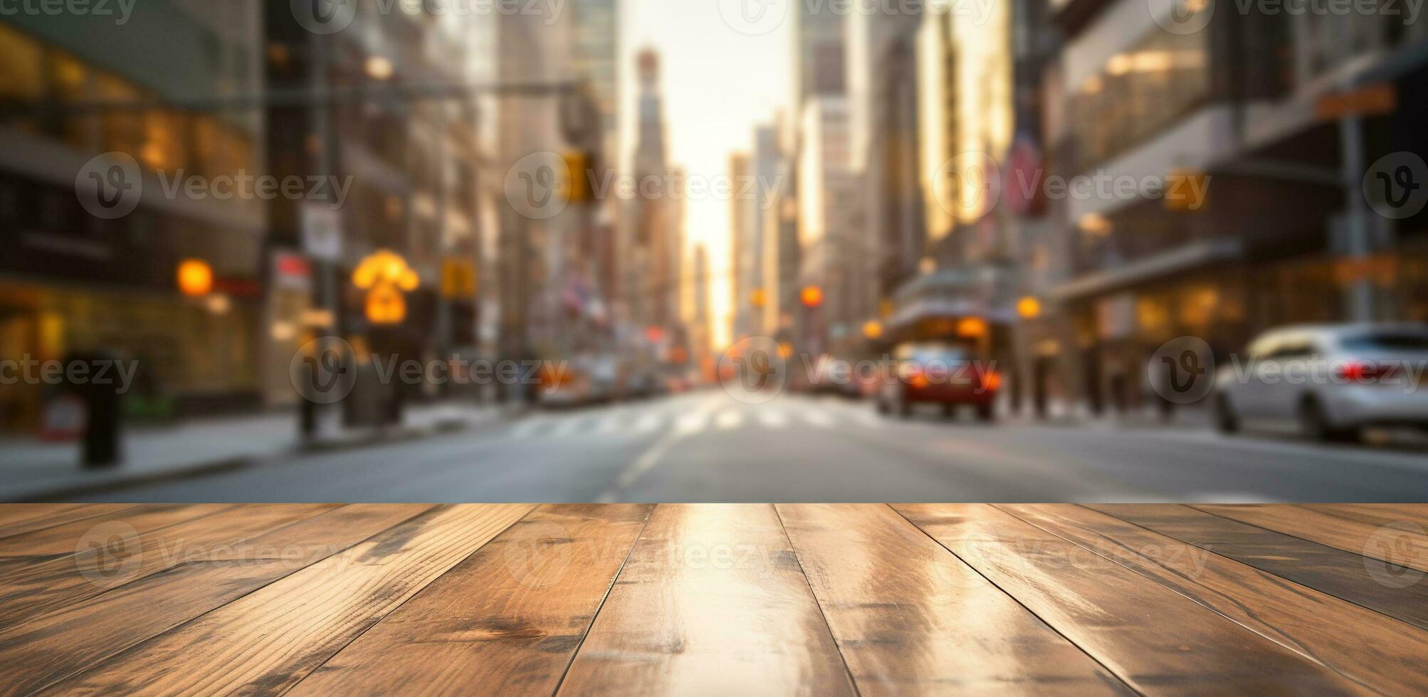 generatief ai, leeg houten tafel top met vervagen achtergrond van een bezig straat, groot stad foto