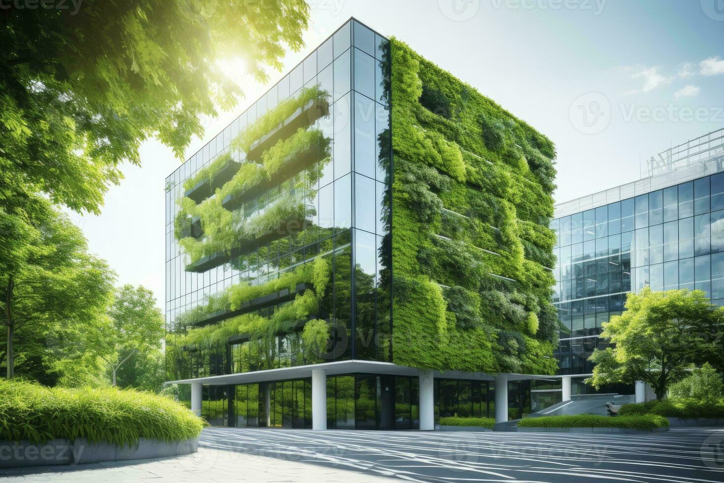 kantoor gebouw met groen omgeving. ai gegenereerd foto