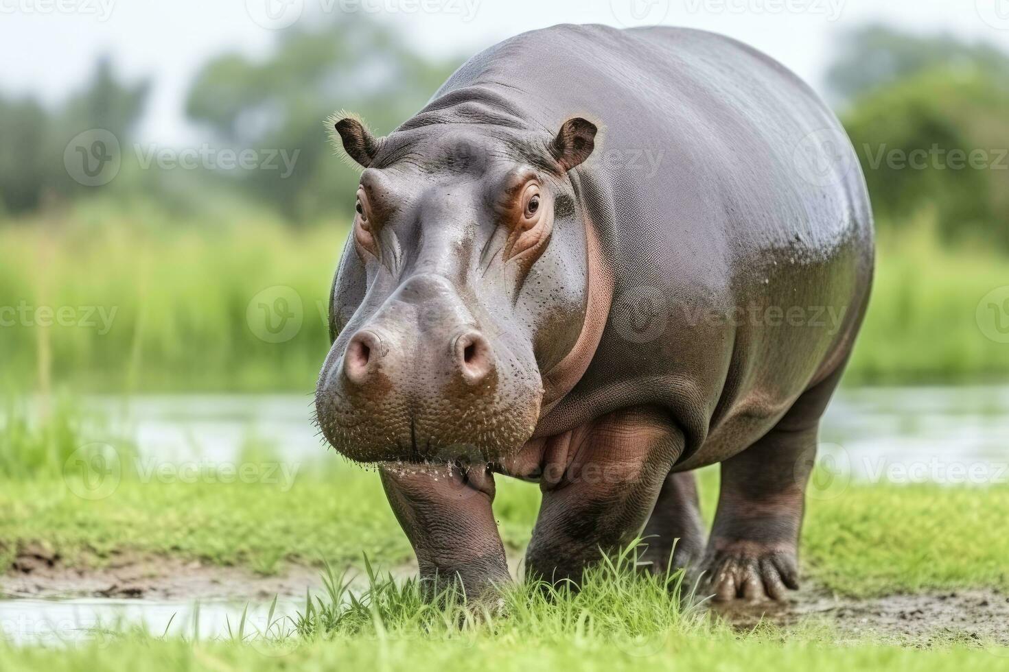 nijlpaard wandelen in een groen veld. ai gegenereerd foto