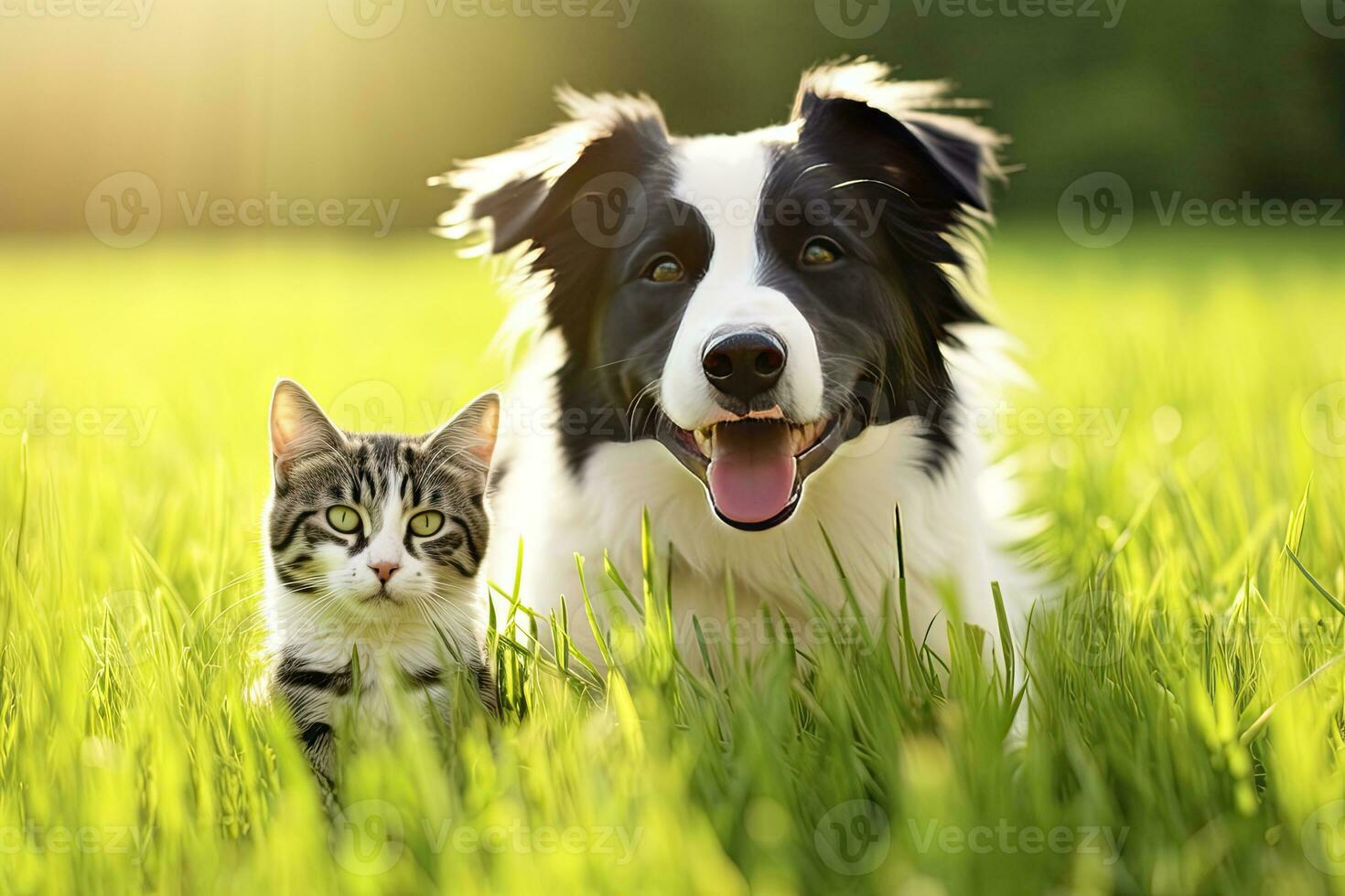 kat en hond samen met gelukkig uitdrukkingen. ai gegenereerd foto
