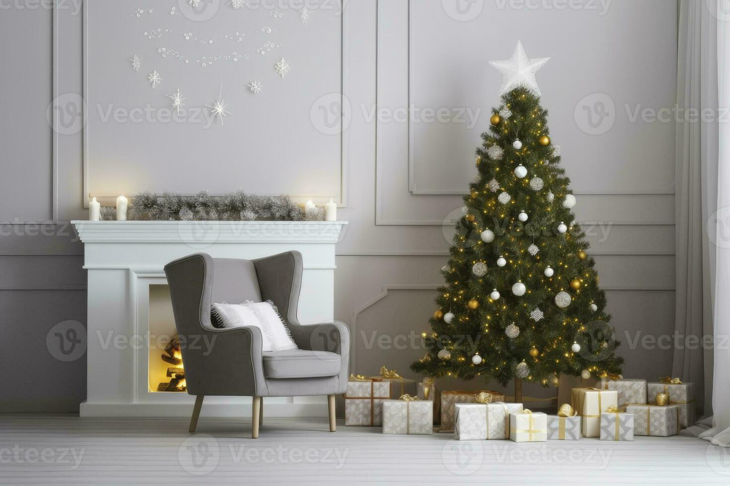 modern leven kamer met haard, Kerstmis boom, geschenk dozen en fauteuil. ai gegenereerd foto