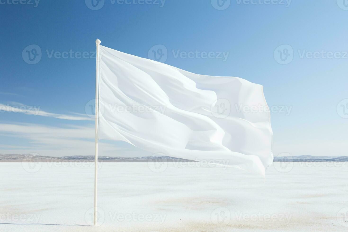 een leeg wit golvend vlag Aan een Doorzichtig lucht in een vrijgekomen kavel. generatief ai foto