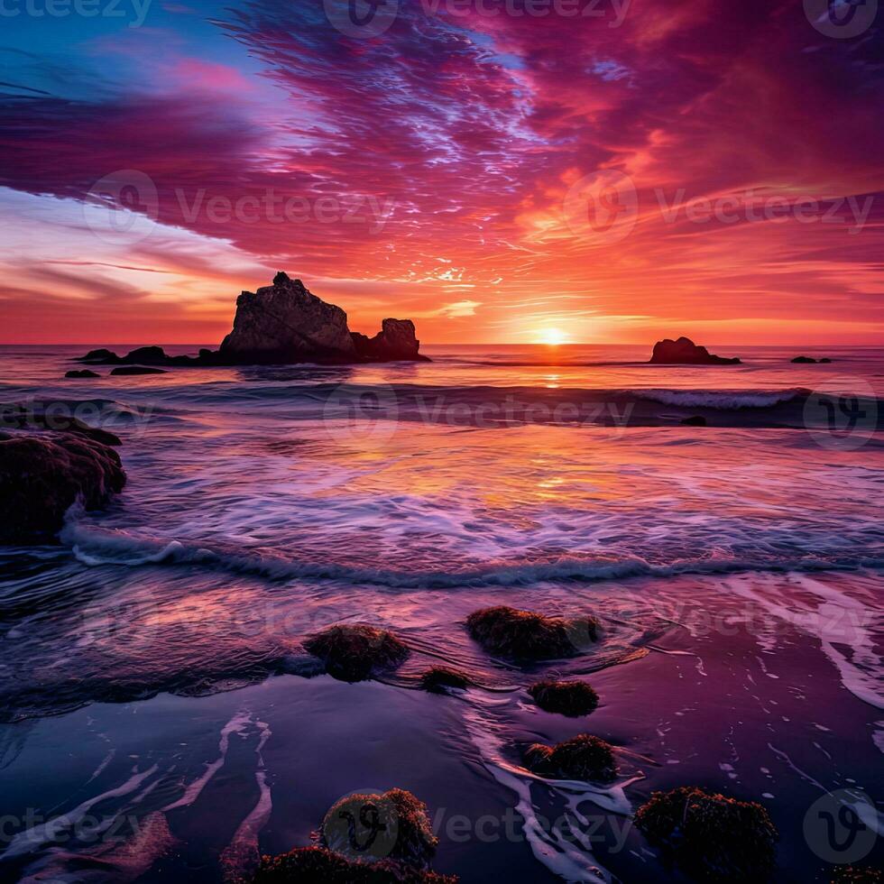 een Purper zonsondergang over- de grote Oceaan oceaan , gegenereerd door ai foto