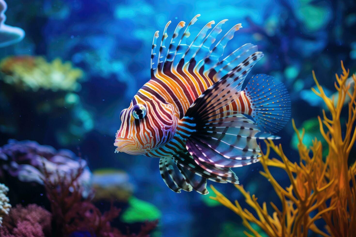 rood koraalduivel pterois volitans zwemmen in aquarium, tropisch vis in de aquarium. onderwater- wereld. marinier leven, ai gegenereerd foto