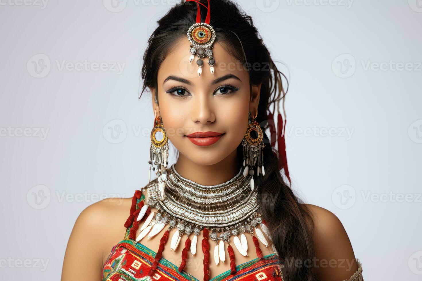 mooi jong inheems Amerikaans vrouw in traditioneel kleding van inheems stammen. Aan een wit achtergrond. detailopname. Kaukasisch meisje. apache stam vrouw ai gegenereerd foto