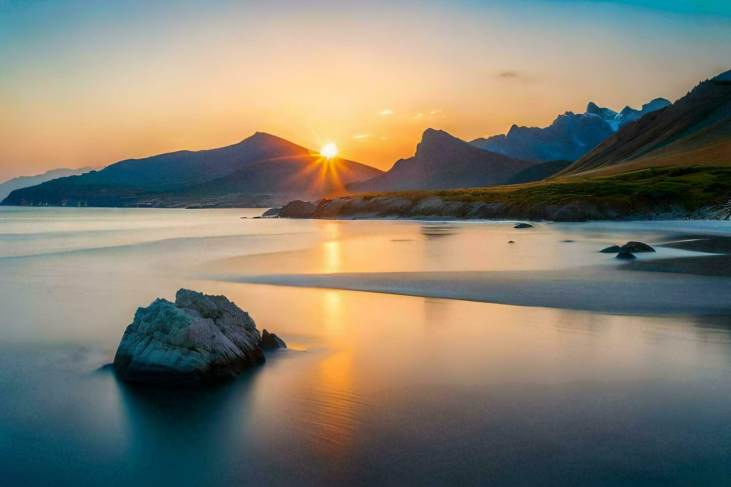 de zon stijgt over- een strand en bergen. ai-gegenereerd foto