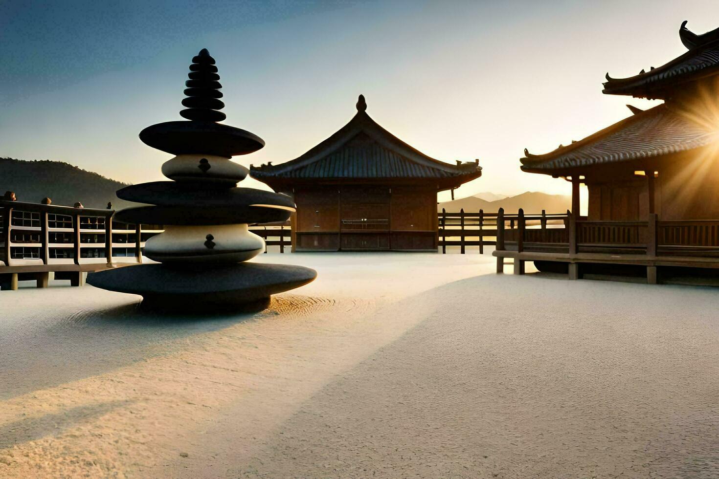 een pagode in de zon met een steen toren. ai-gegenereerd foto