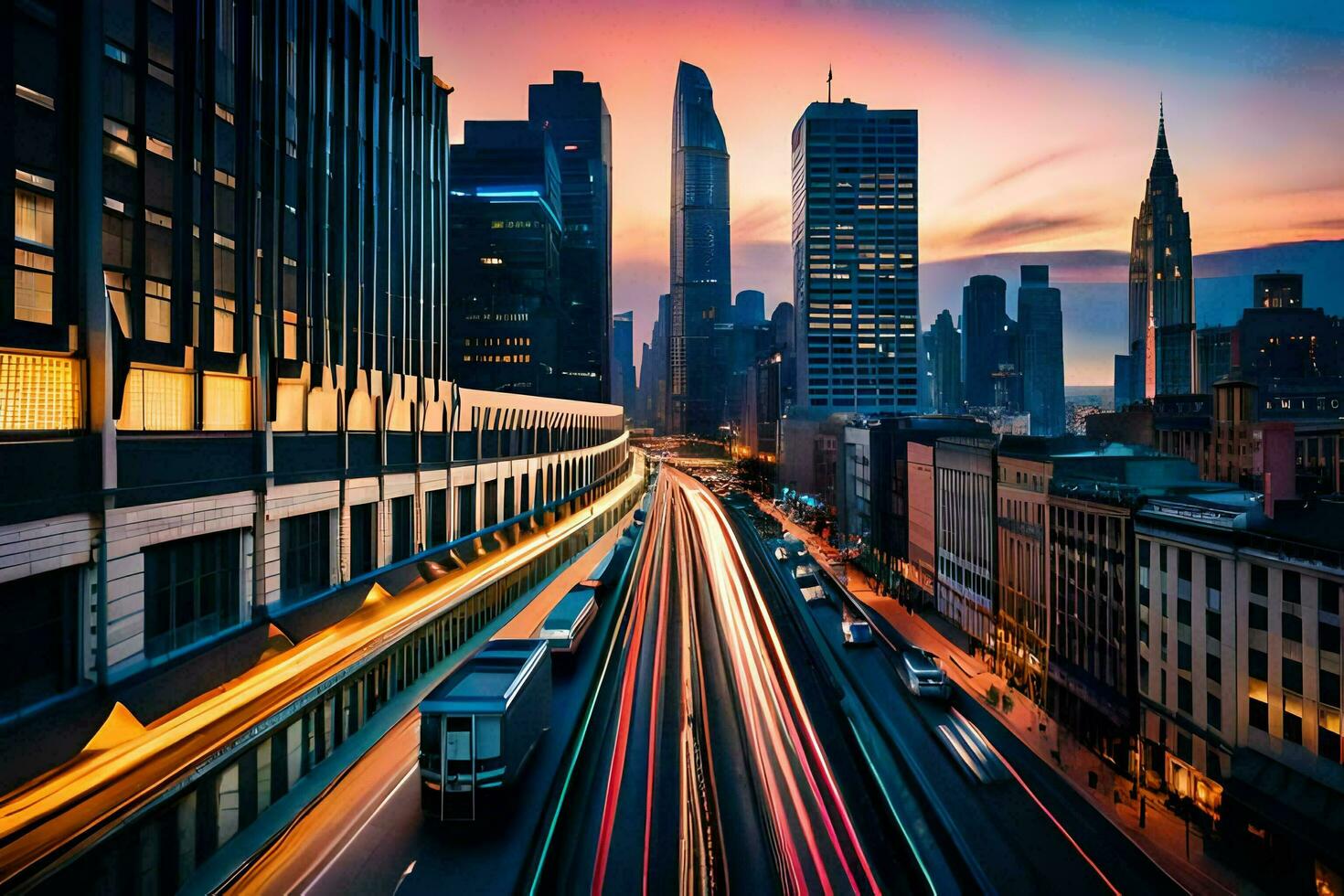 een stad straat Bij zonsondergang met verkeer en gebouwen. ai-gegenereerd foto