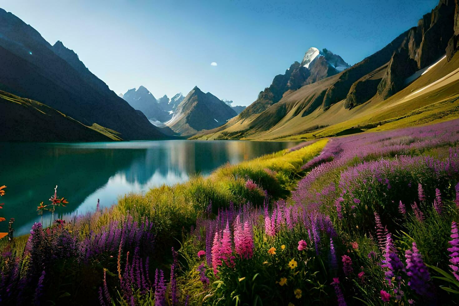 de meer is omringd door bloemen en bergen. ai-gegenereerd foto