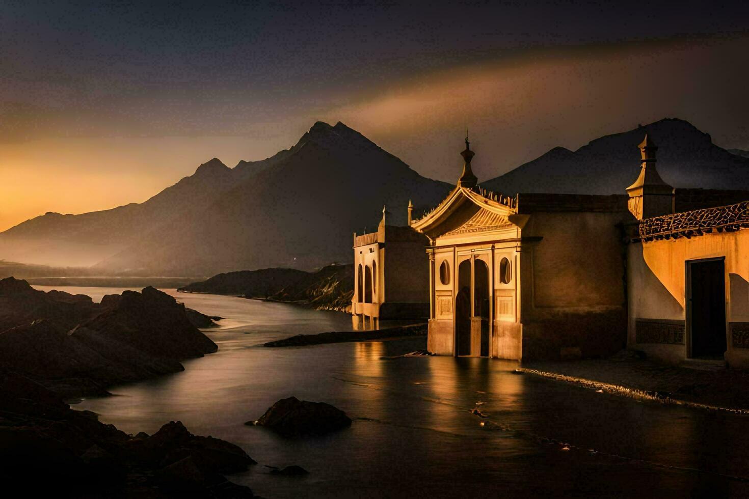 de zon sets over- een berg en een kerk. ai-gegenereerd foto