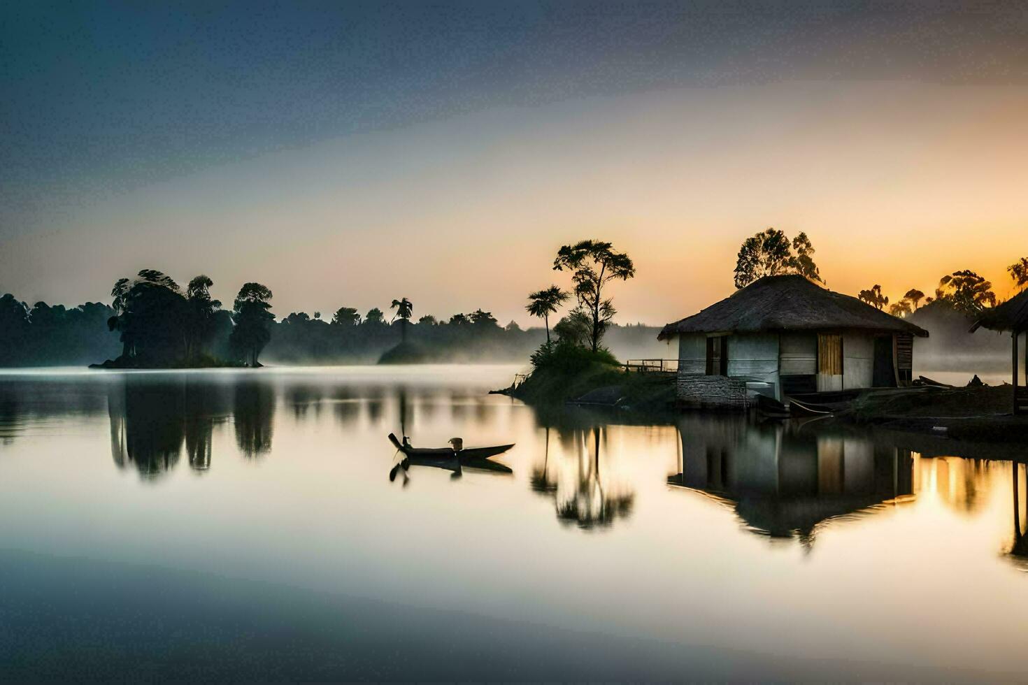 foto behang de lucht, water, zonsopkomst, de huis, de boot, de meer, de. ai-gegenereerd