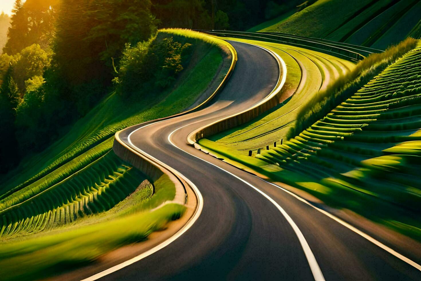 een kronkelend weg in de bergen met de zon instelling. ai-gegenereerd foto