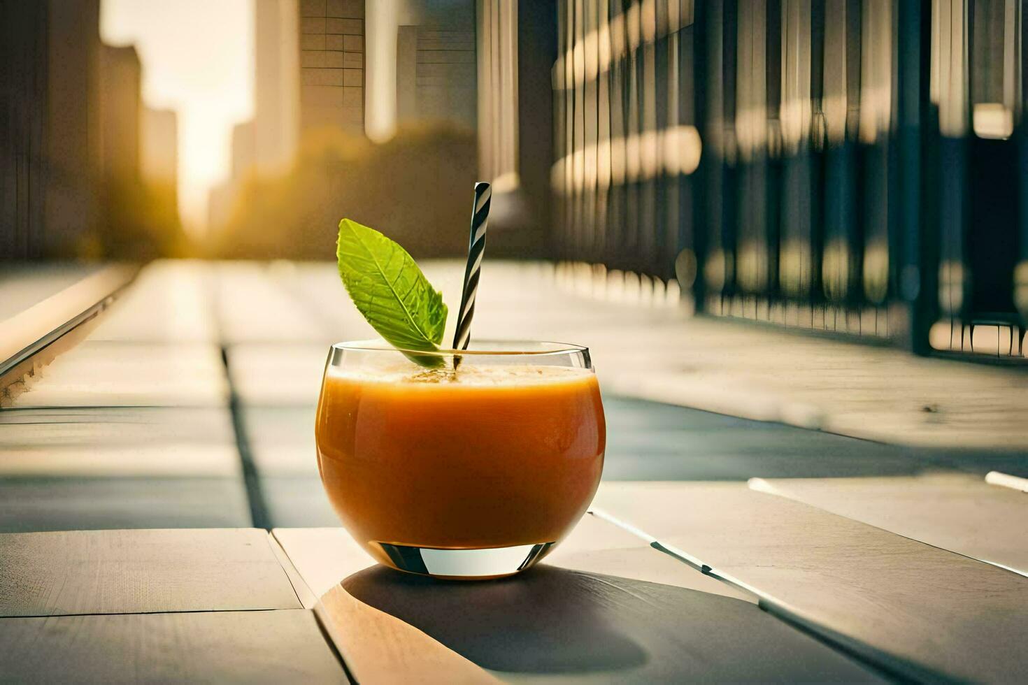 een glas van oranje sap met een rietje Aan een tafel. ai-gegenereerd foto