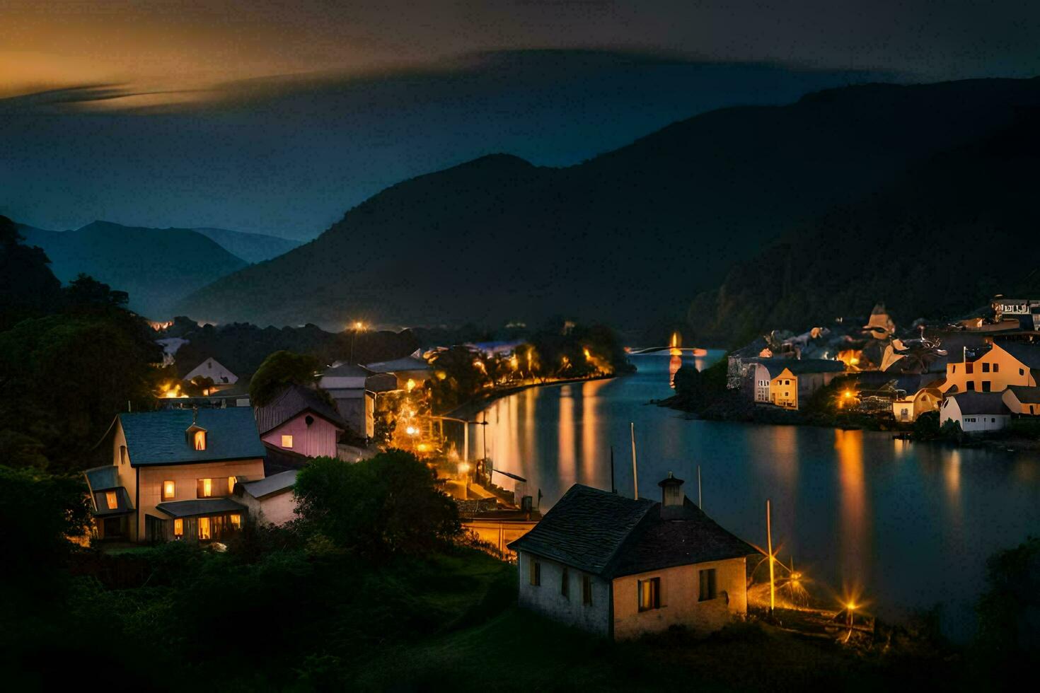 foto behang de lucht, nacht, bergen, water, huizen, dorp, nacht, de dorp. ai-gegenereerd