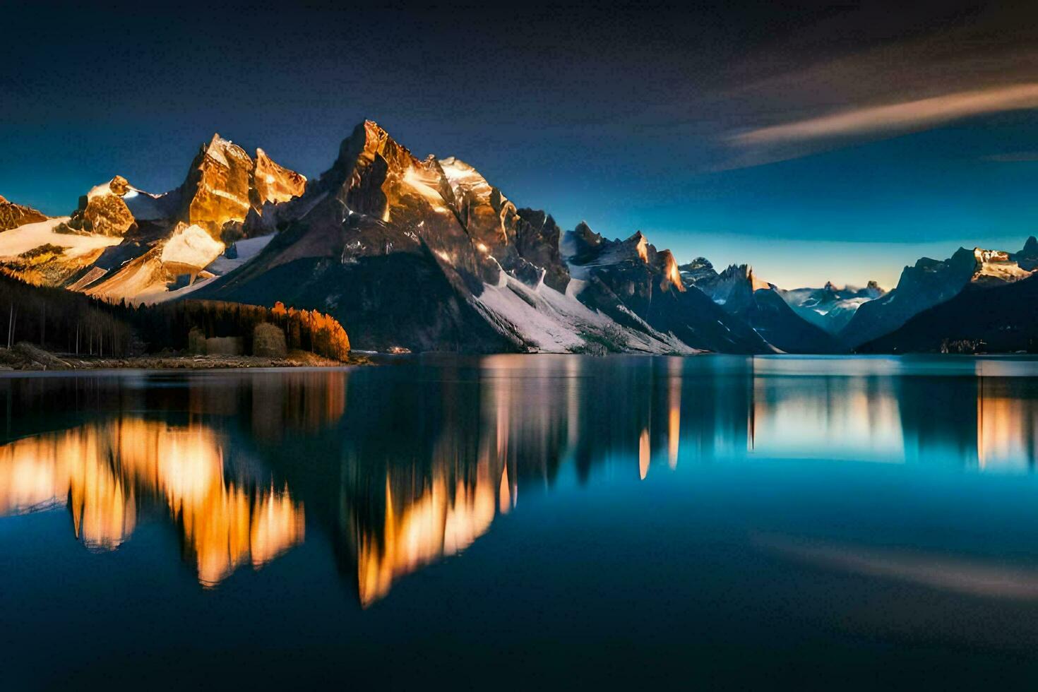 de bergen zijn weerspiegeld in de water Bij zonsondergang. ai-gegenereerd foto