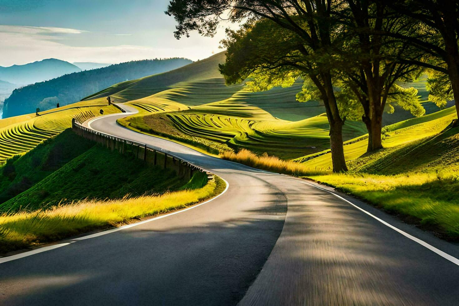 een kronkelend weg in de bergen. ai-gegenereerd foto