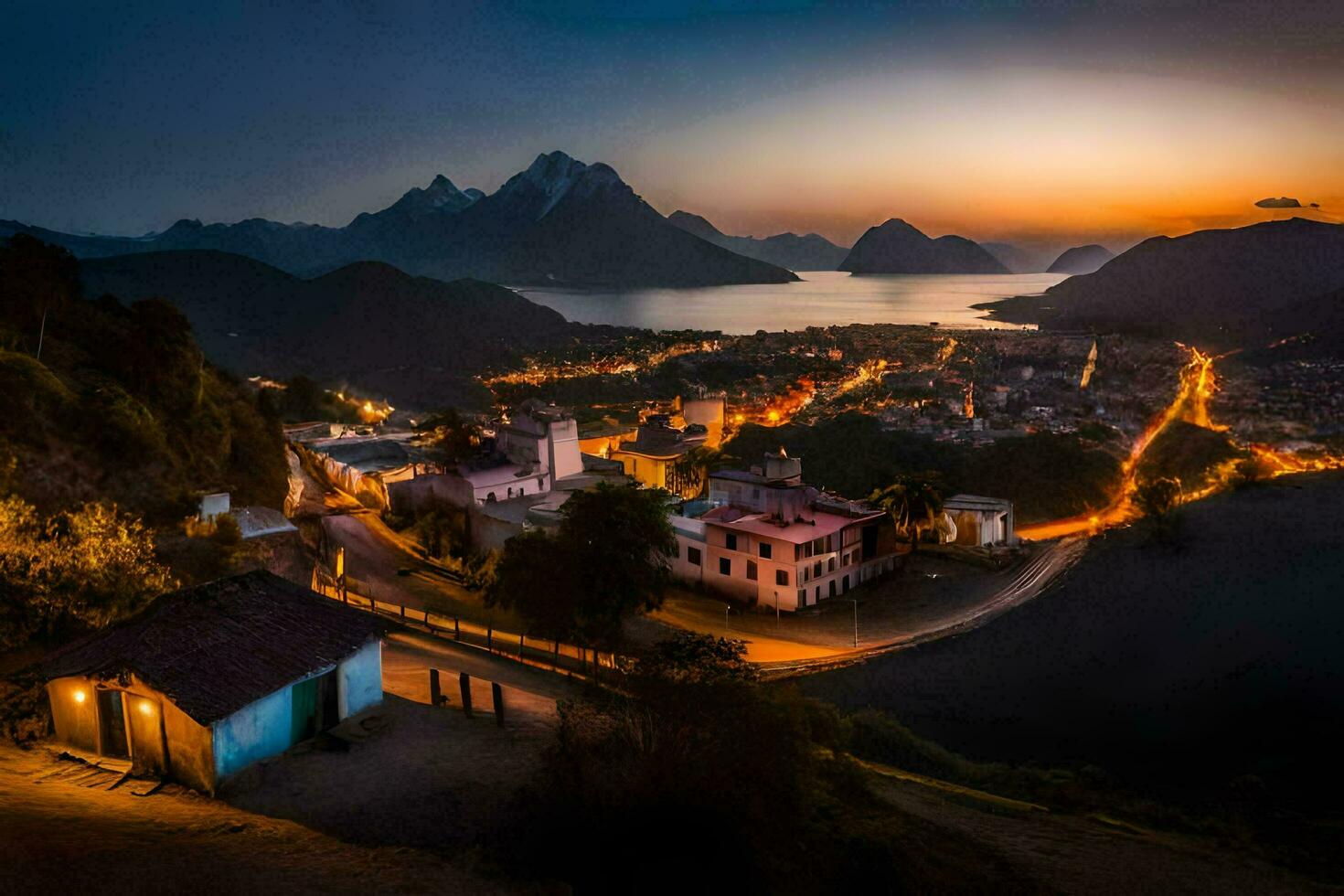 de dorp van persoon Bij schemering. ai-gegenereerd foto