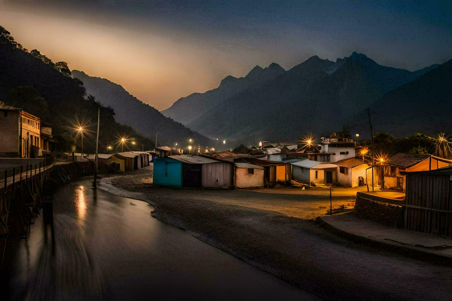 een rivier- loopt door een dorp Bij nacht. ai-gegenereerd foto