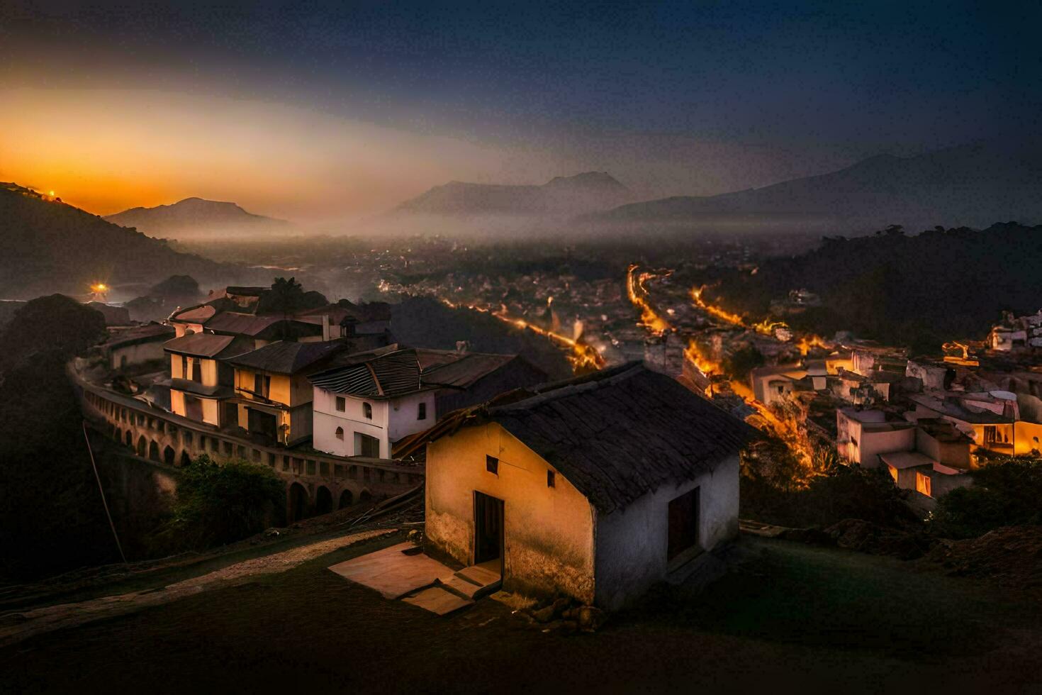 een dorp Bij zonsondergang in China. ai-gegenereerd foto