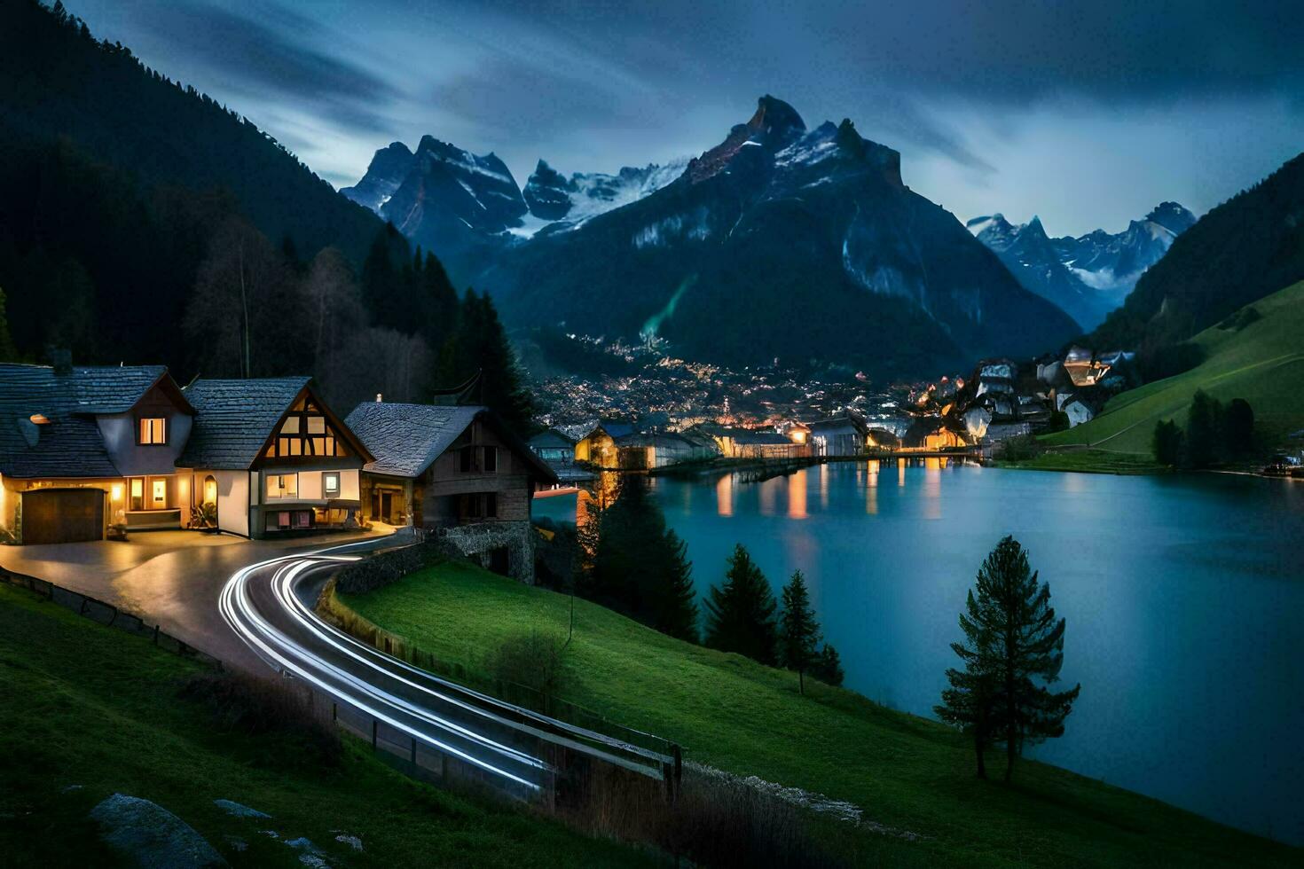 een meer en berg dorp Bij nacht. ai-gegenereerd foto