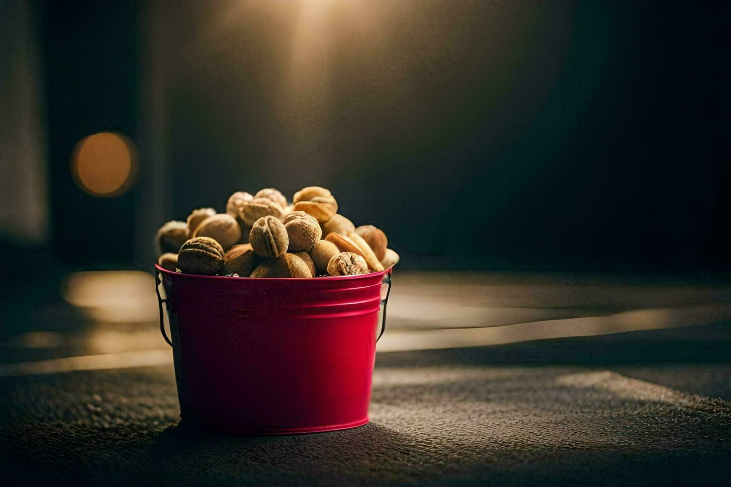 een rood emmer gevulde met pinda's zittend Aan een tafel. ai-gegenereerd foto