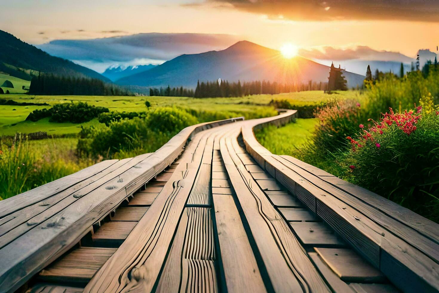 houten pad in de bergen. ai-gegenereerd foto