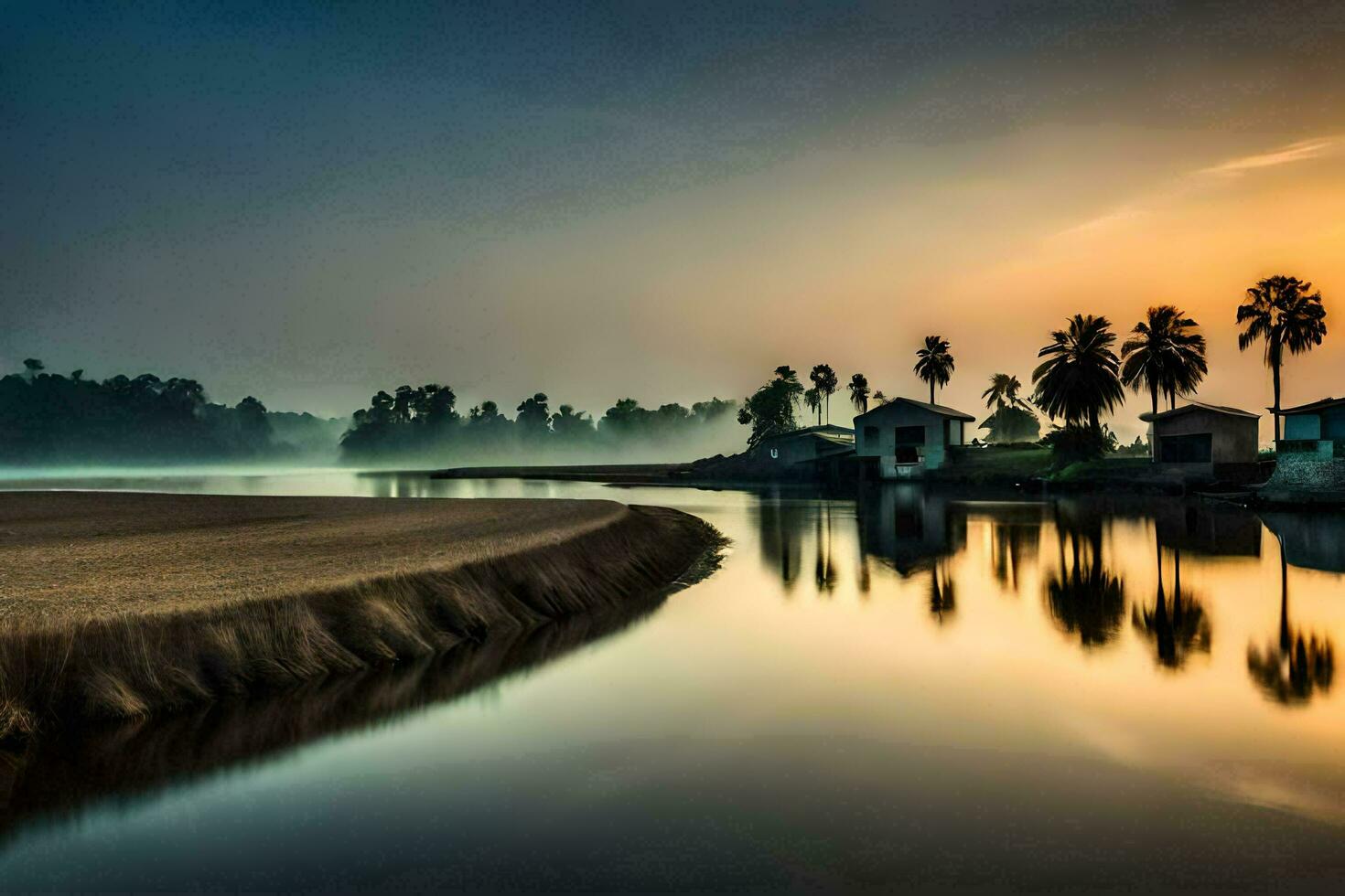 een rivier- Bij zonsopkomst met palm bomen en huizen. ai-gegenereerd foto