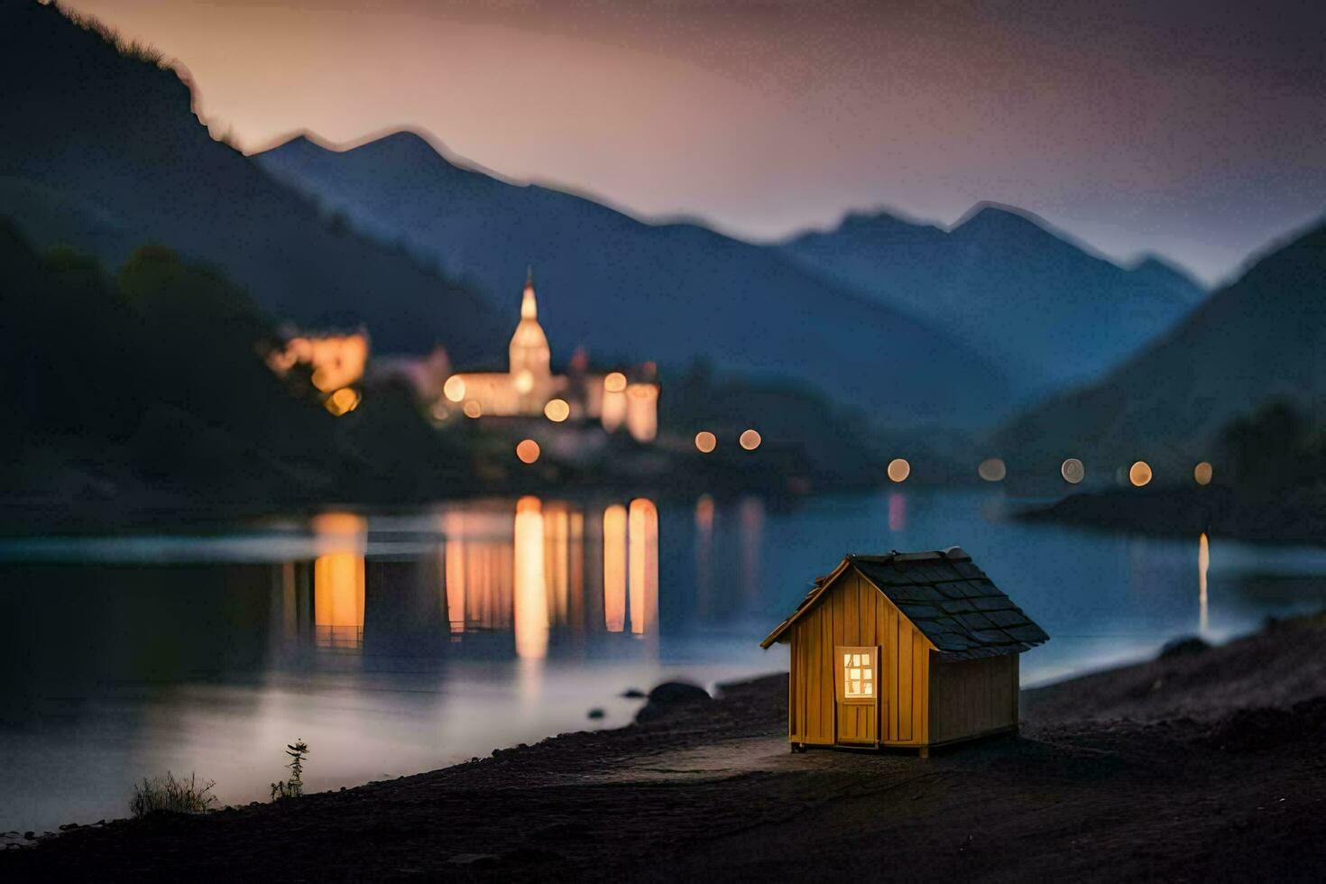 foto behang de lucht, bergen, meer, de huis, de meer, de huis, de. ai-gegenereerd