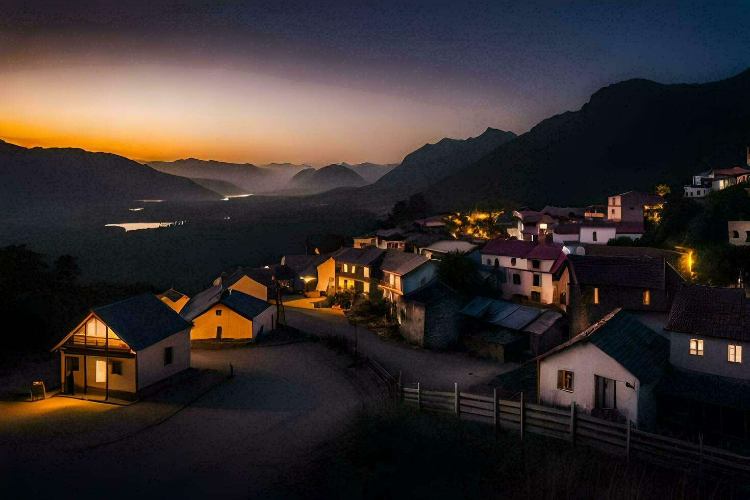 een dorp Bij zonsondergang in de bergen. ai-gegenereerd foto