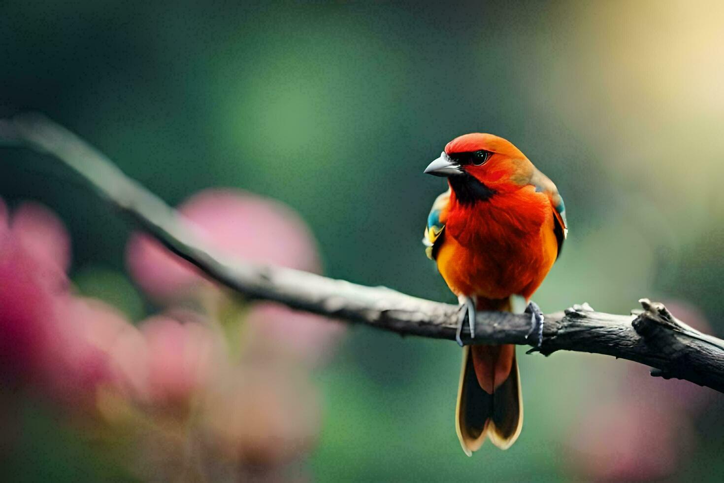 een kleurrijk vogel zit Aan een Afdeling. ai-gegenereerd foto