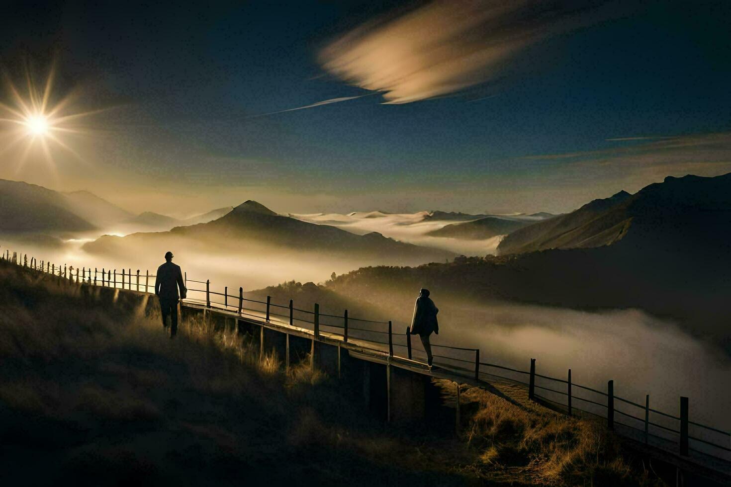 twee mensen wandelen Aan een brug over- een mistig vallei. ai-gegenereerd foto