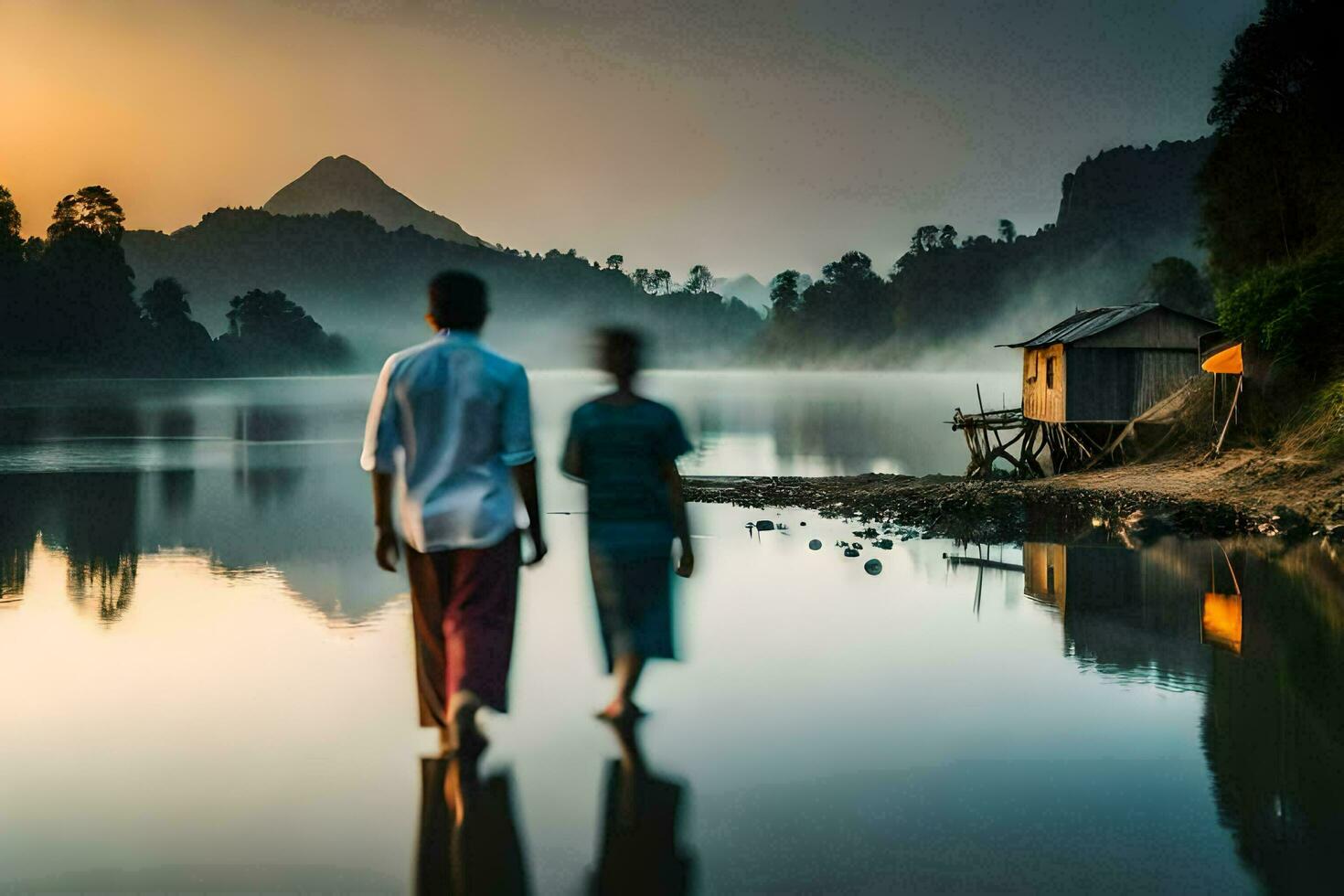 een paar wandelen langs de kust van een meer Bij zonsopkomst. ai-gegenereerd foto