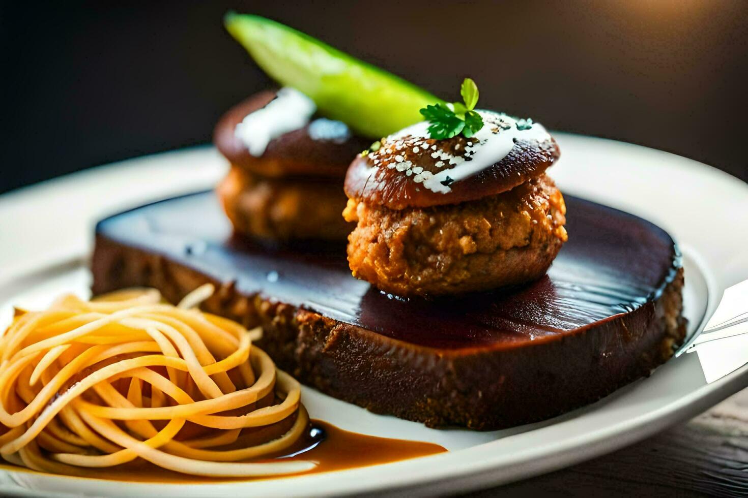 een bord met gehaktballen en spaghetti Aan het. ai-gegenereerd foto