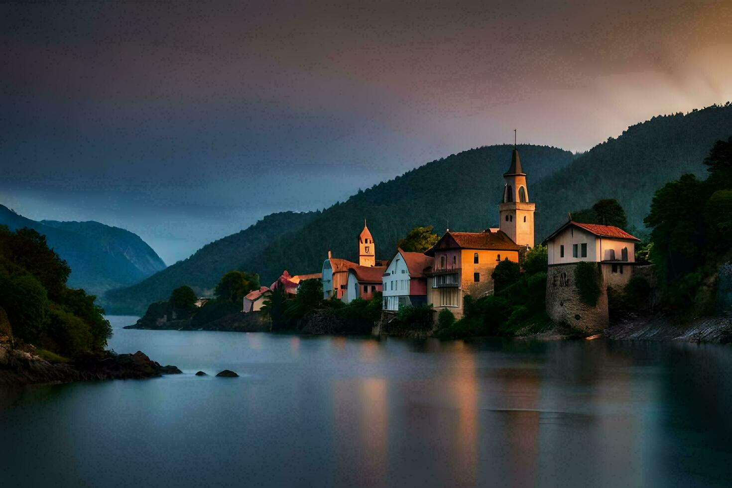 foto behang de lucht, bergen, water, huizen, de dorp, de kerk, de meer. ai-gegenereerd