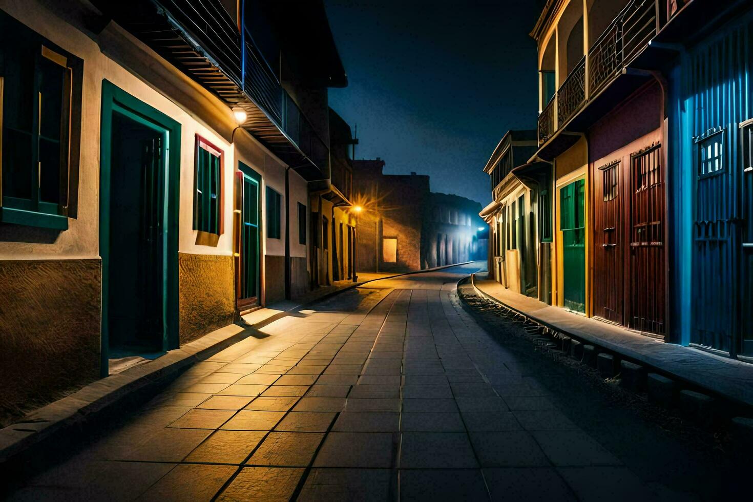 een versmallen straat Bij nacht met kleurrijk gebouwen. ai-gegenereerd foto