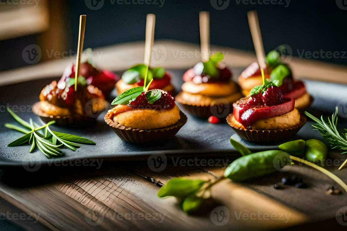 mini desserts Aan een zwart bord met tandenstokers. ai-gegenereerd foto