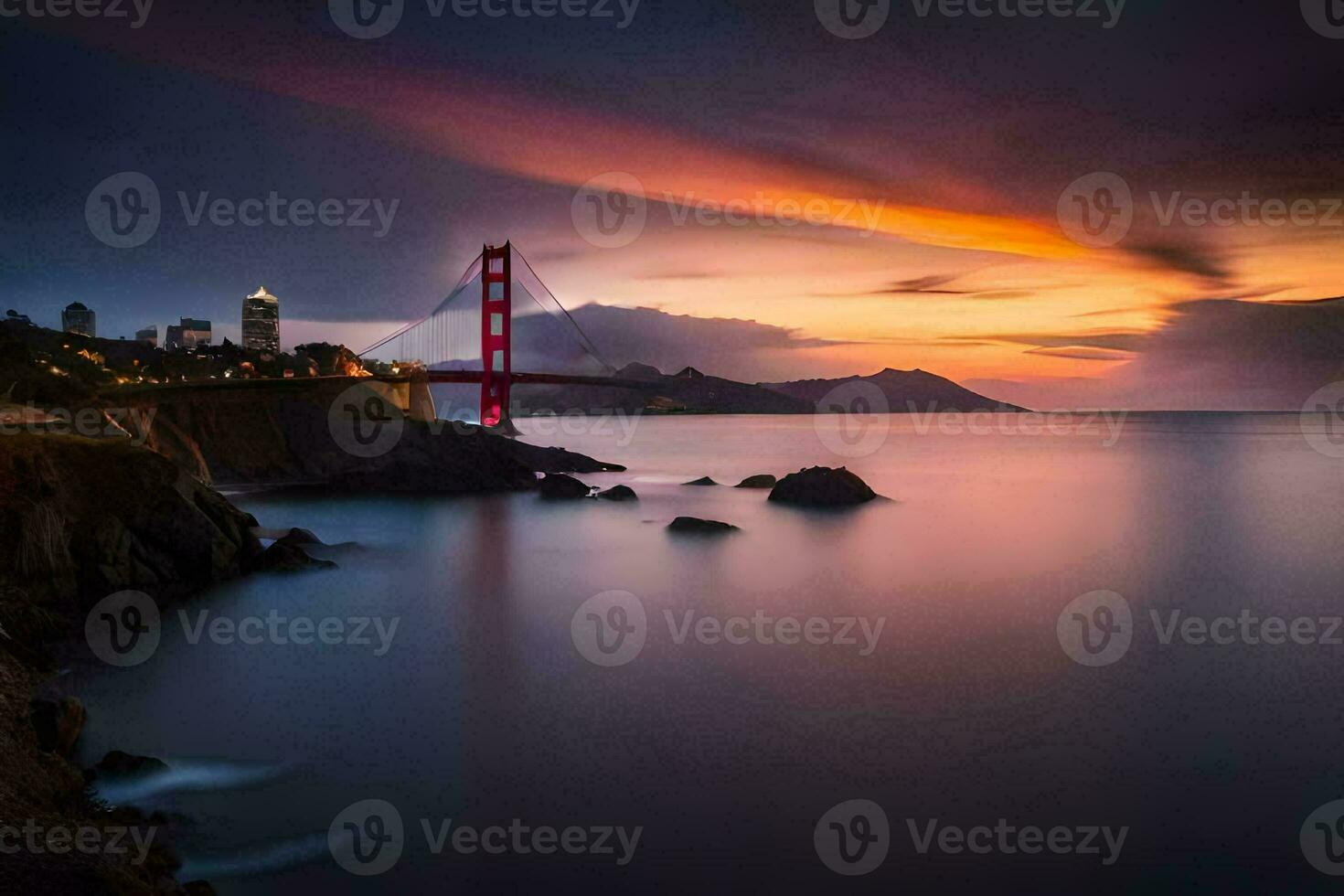 de gouden poort brug Bij zonsondergang. ai-gegenereerd foto