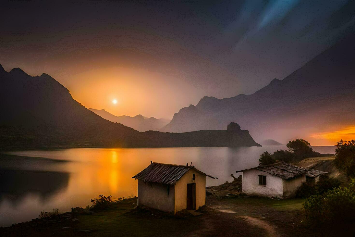 foto behang de lucht, bergen, meer, huis, zonsondergang, de zon, de maan,. ai-gegenereerd