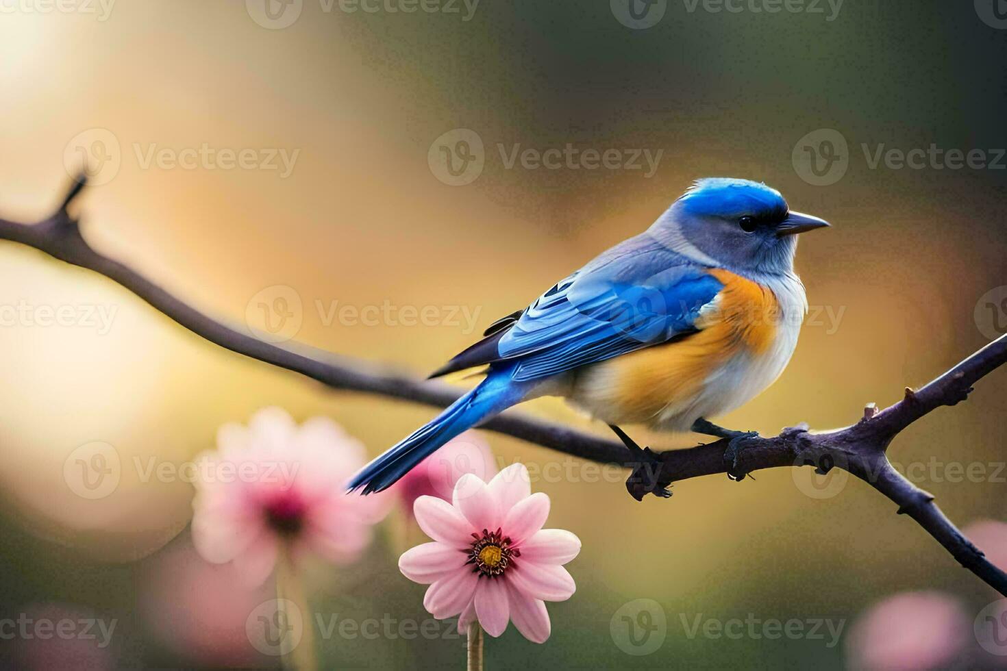 een blauw vogel zit Aan een Afdeling met roze bloemen. ai-gegenereerd foto